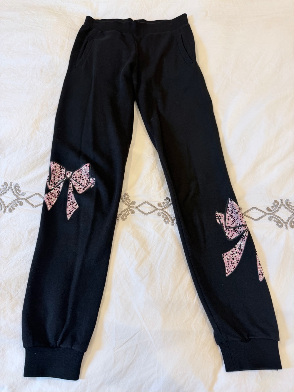 Philipp Plein Black Joggers with Pink Sequin Bow Appliqués